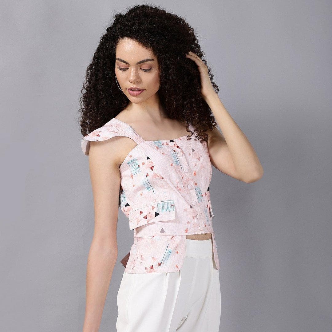 Mixed Print Button Front Top