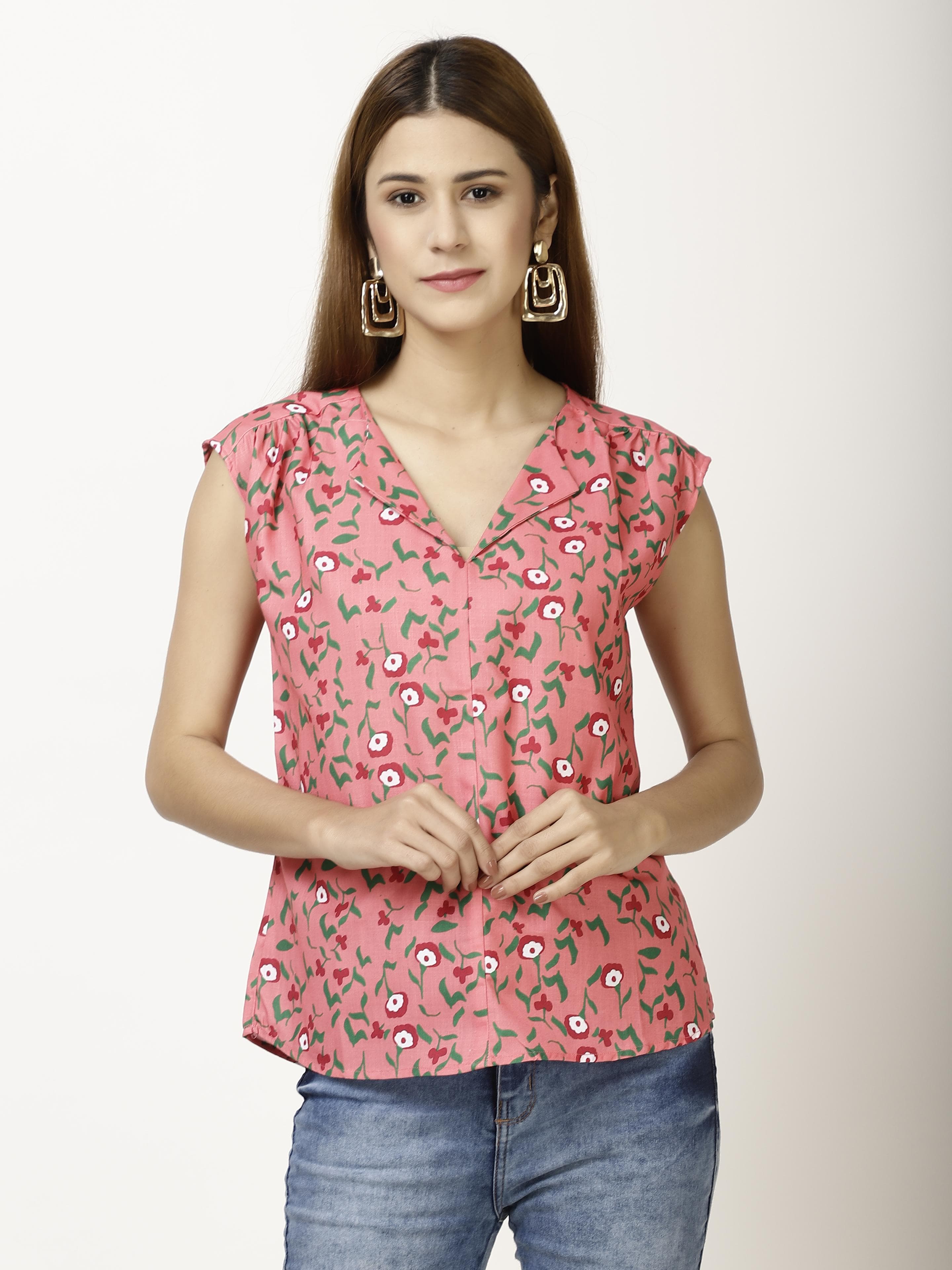 Printed half sleeve collar Womens Tops