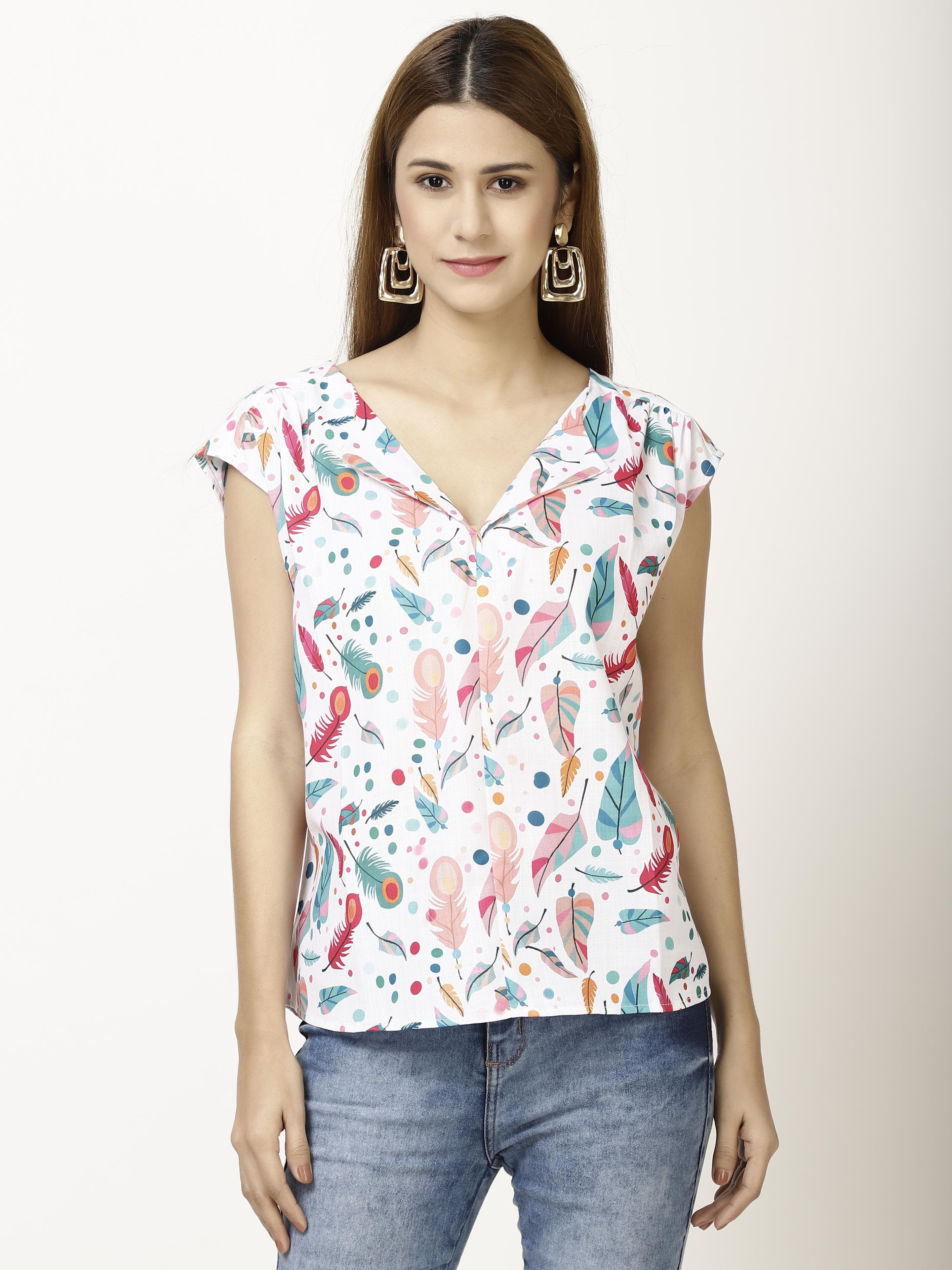 Printed half sleeve collar Womens Tops
