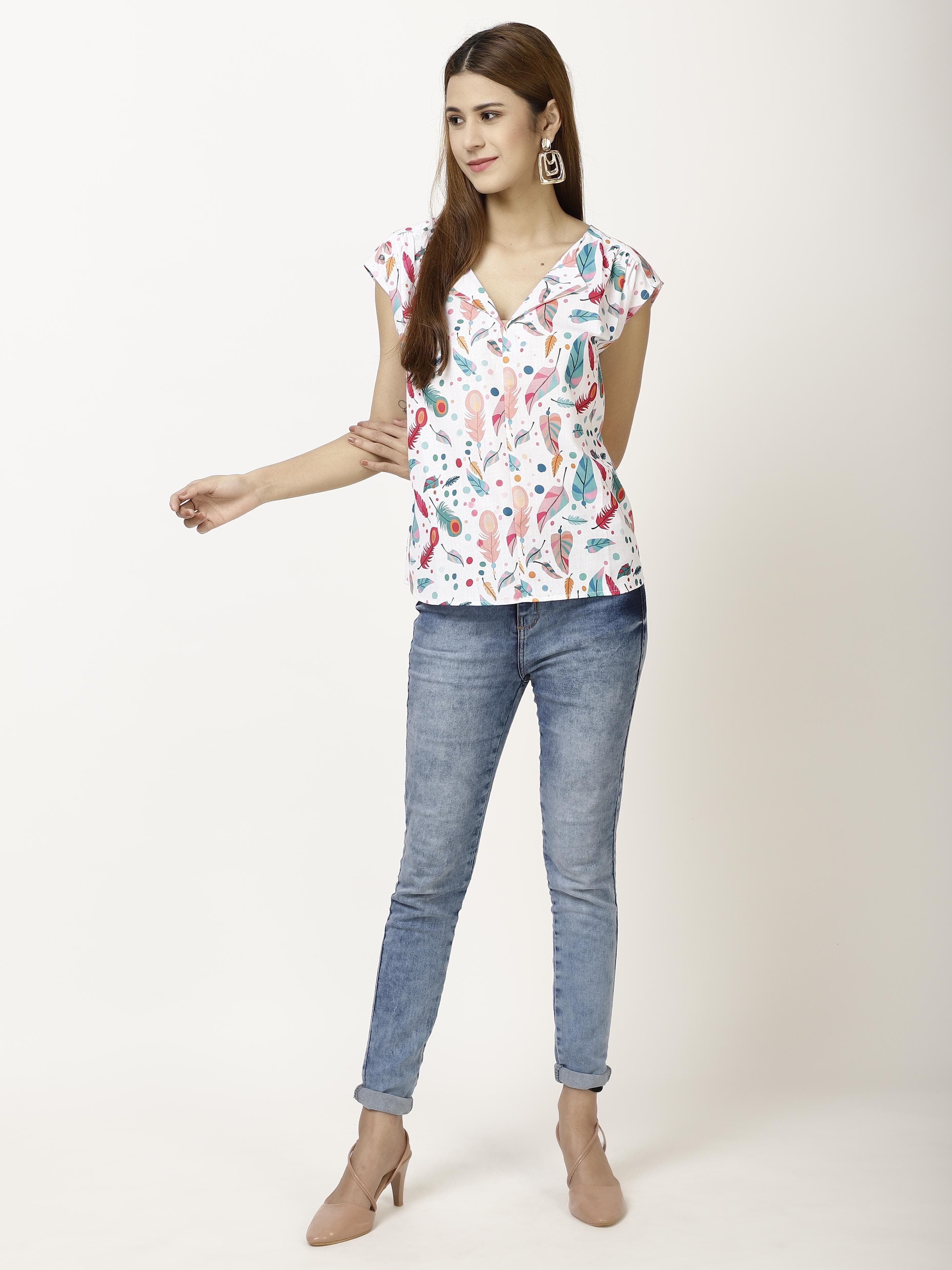 Printed half sleeve collar Womens Tops