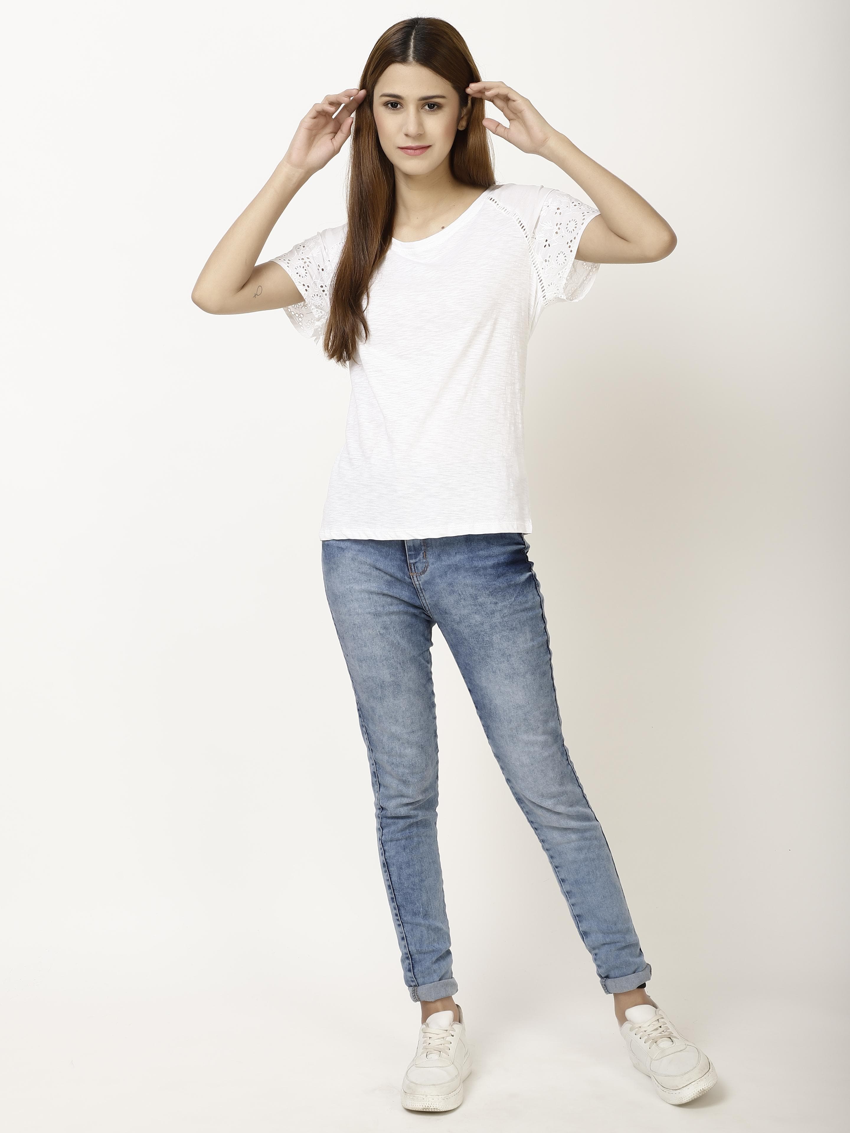 Schiffli sleeve Womens Tops