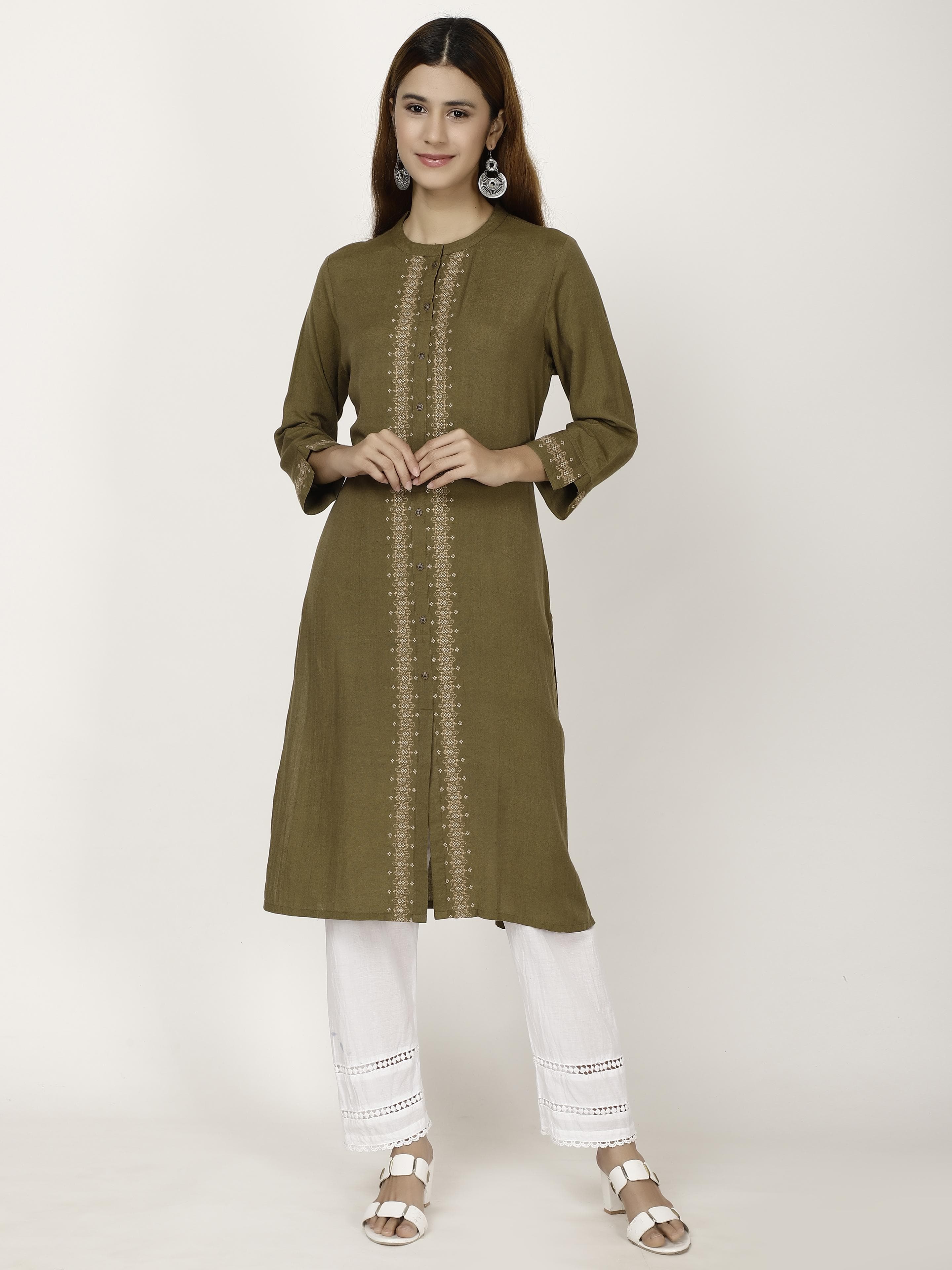 Olive Embroidered Kurta