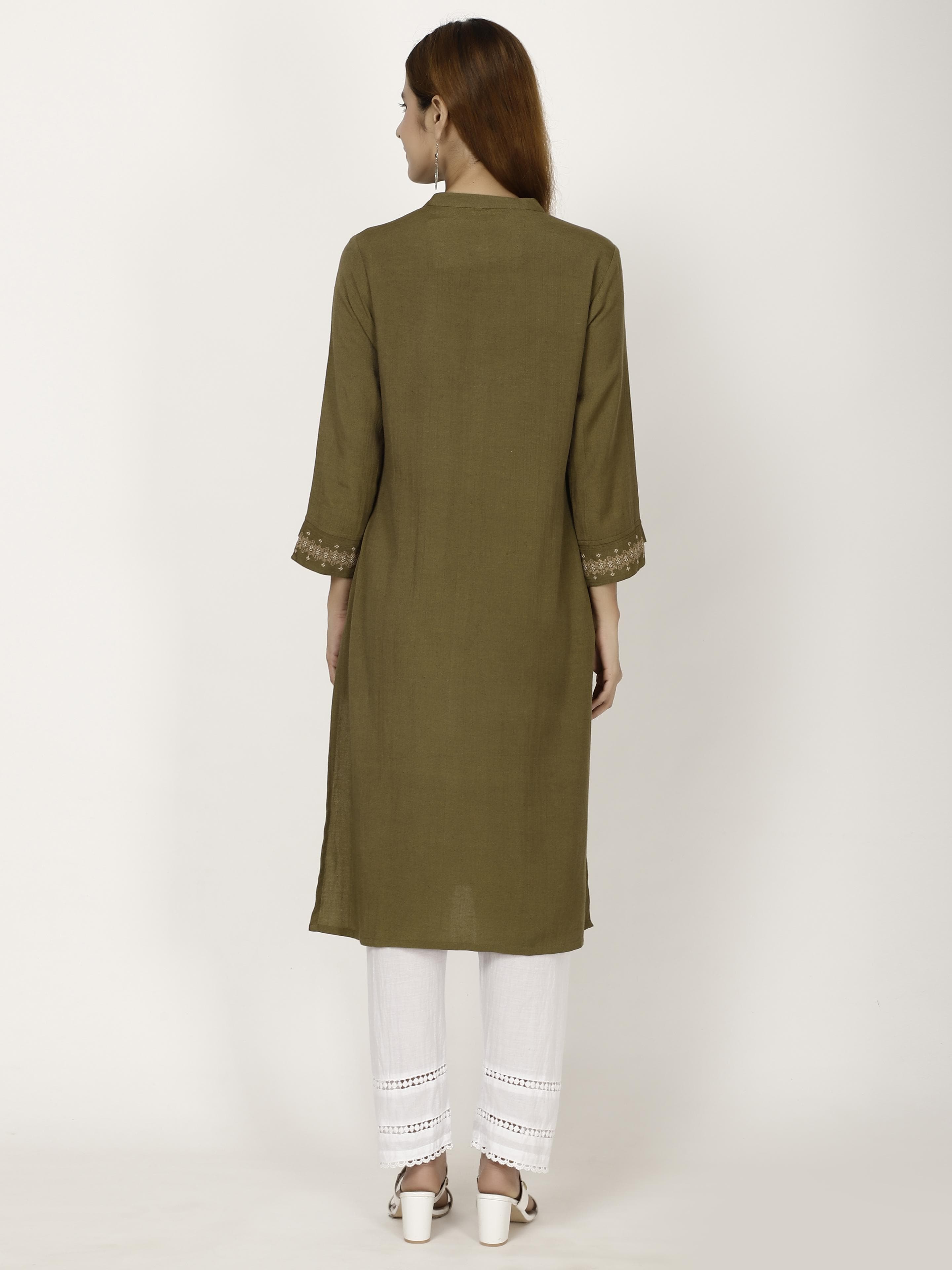 Olive Embroidered Kurta