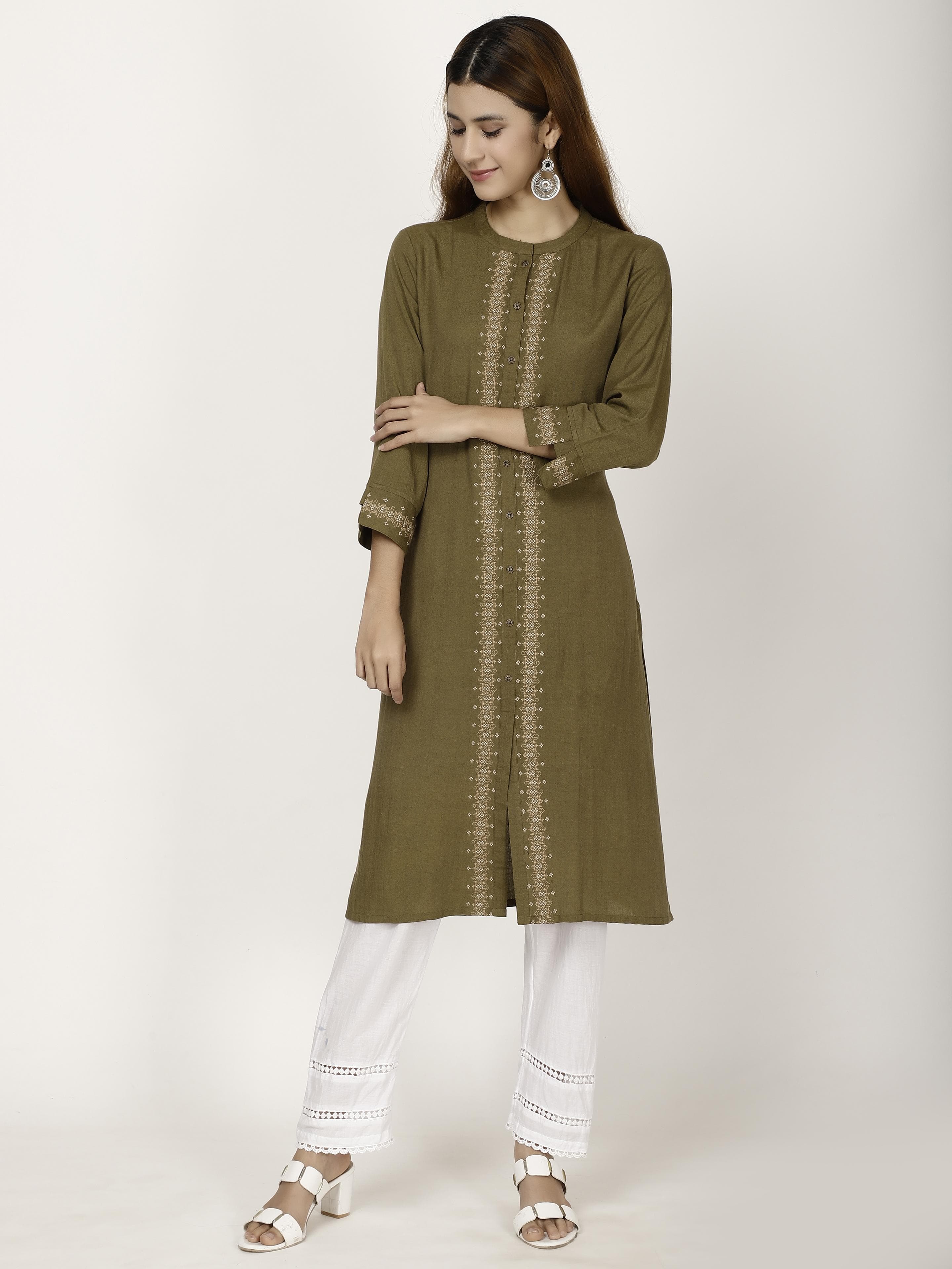 Olive Embroidered Kurta