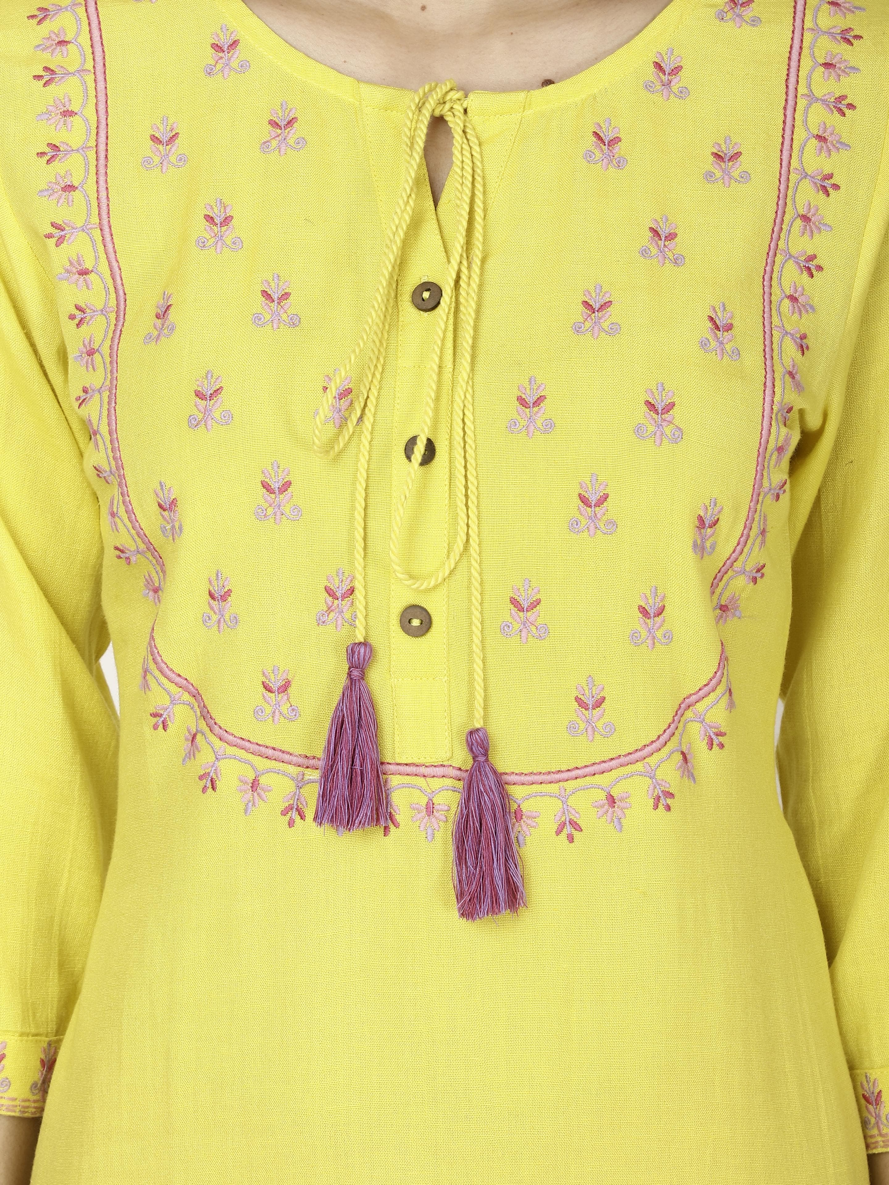 Yellow embroidered Kurta