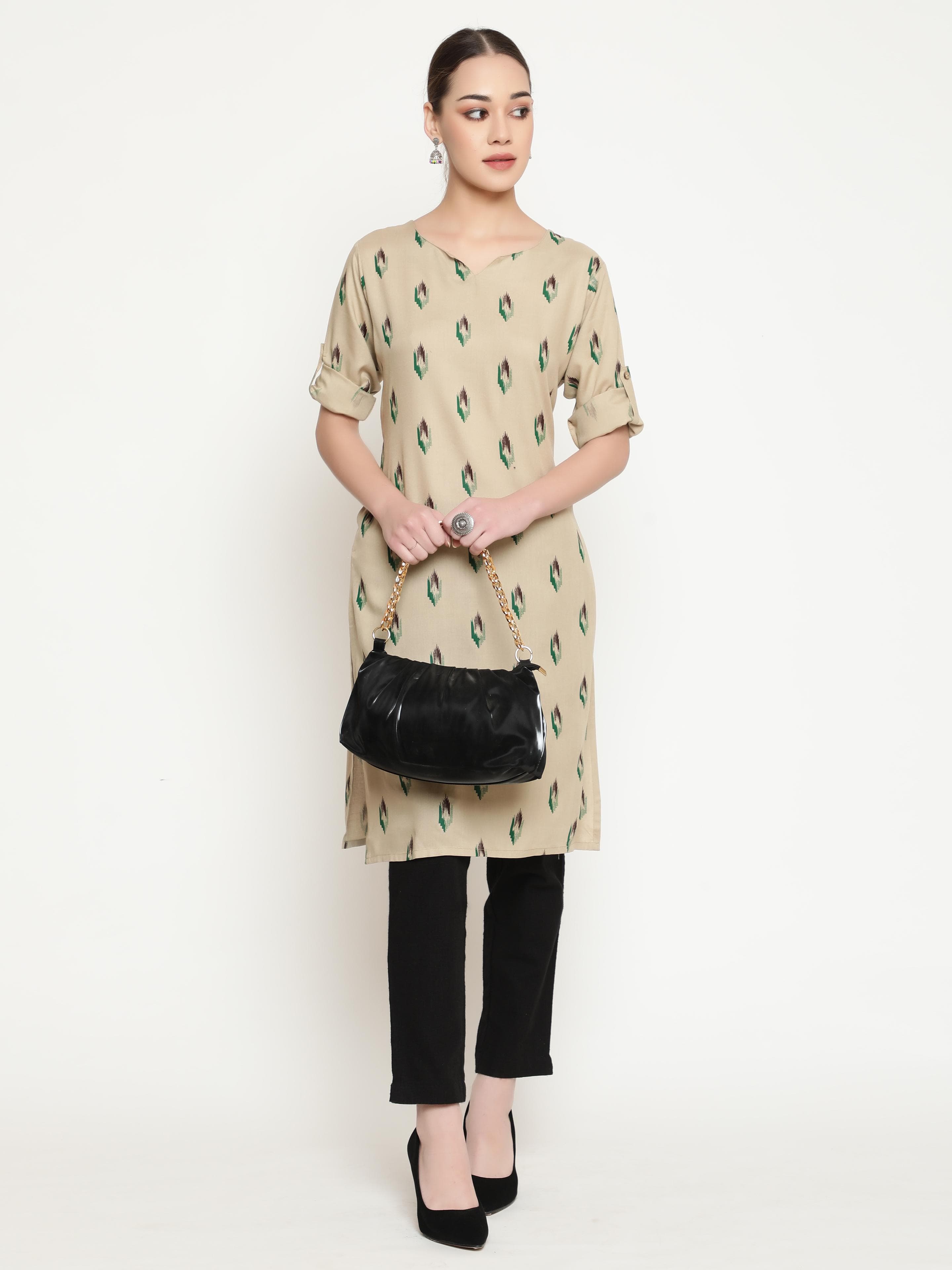 Beige Printed Kurta